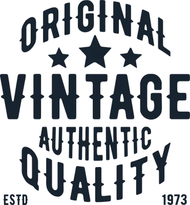 Thiết kế chữ "ORIGINAL VINTAGE AUTHENTIC QUALITY" với các ngôi sao và năm ESTD 1973, màu xanh navy trên nền xám.
