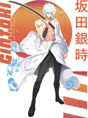 Hình vẽ nhân vật anime Gintoki Sakata với mái tóc bạc, mặc áo trắng, cầm kiếm, dáng vẻ mạnh mẽ.