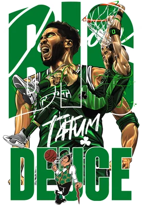 Hình ảnh Jayson Tatum của Boston Celtics đang thực hiện cú úp rổ, với chữ "BIG DICE" và hình ảnh nhân vật hoạt hình nhỏ cầm bóng rổ.