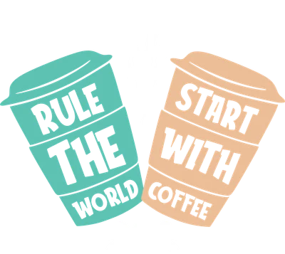 Hai cốc cà phê, một màu xanh ngọc với chữ "RULE THE WORLD", một màu cam với chữ "START WITH COFFEE", trên nền xám.