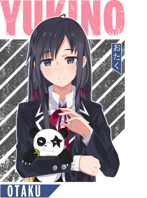 Hình ảnh cô gái anime tóc đen tên Yukino, mặc đồng phục, ôm gấu trúc nhỏ.