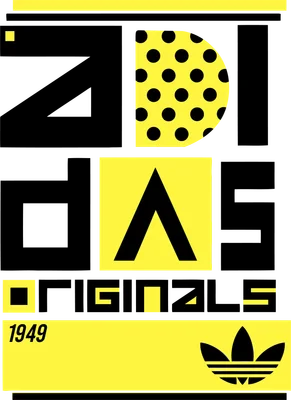 Logo Adidas Originals với các khối chữ đen, vàng và xám, có họa tiết chấm bi và năm 1949.