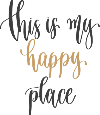 Hình ảnh câu nói "This is my happy place" viết bằng font chữ thư pháp màu xám và vàng trên nền xám.