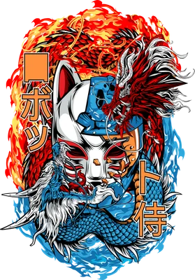 Hình ảnh mặt nạ Kitsune Nhật Bản với rồng lửa và rồng nước bao quanh, phong cách nghệ thuật Nhật Bản.