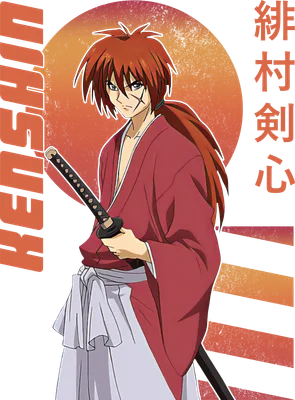 Hình ảnh Kenshin Himura, nhân vật anime với mái tóc đỏ, mặc áo kimono đỏ, cầm kiếm katana, có vết sẹo chữ X trên mặt.
