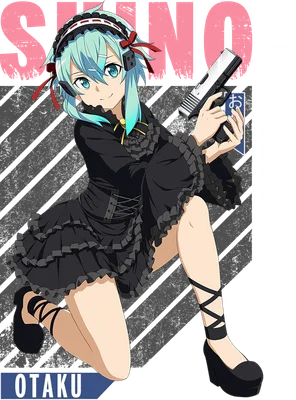 Hình ảnh cô gái anime tóc xanh lá cây, mặc váy đen phong cách gothic, cầm súng, có chữ 'SIN' và 'OTAKU' trên nền xám.