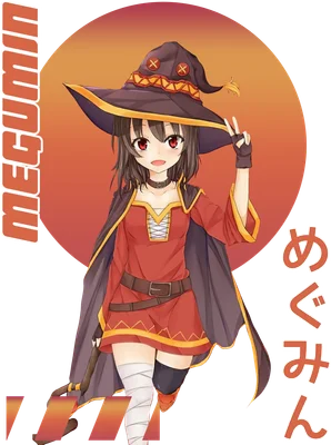 Hình ảnh cô gái phù thủy Megumin trong trang phục đỏ, đội mũ chóp, giơ tay chữ V, với nền tròn màu cam và xám.