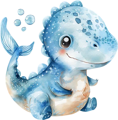 Hình vẽ khủng long con màu xanh có đuôi cá, phong cách màu nước, đang ngồi cười đáng yêu. Có bong bóng nước nhỏ.