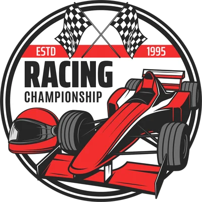 Hình ảnh logo giải đua xe với xe F1 đỏ, mũ bảo hiểm, cờ caro và chữ 'RACING CHAMPIONSHIP' trên nền tròn.