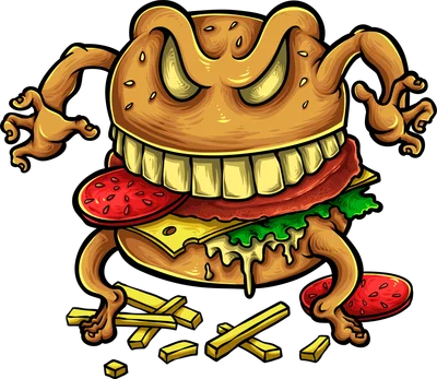 Hình ảnh minh họa một chiếc burger quái vật với khuôn mặt cười nham hiểm, tay chân disfigured và khoai tây chiên xung quanh.