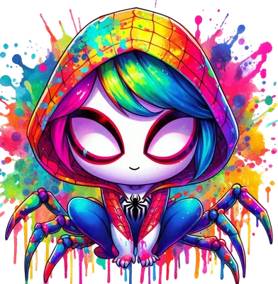 Hình ảnh chibi Spider-Gwen với trang phục và tóc nhiều màu sắc, nền hiệu ứng vệt sơn bắn tung tóe.
