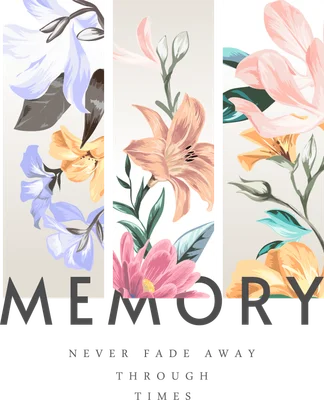 Tranh hoa văn nghệ thuật với chữ "MEMORY" và dòng chữ "NEVER FADE AWAY THROUGH TIMES"