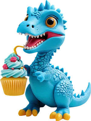 Hình ảnh 3D khủng long xanh hoạt hình đang vui vẻ cầm chiếc bánh cupcake kem xanh và hoa hồng nhỏ.
