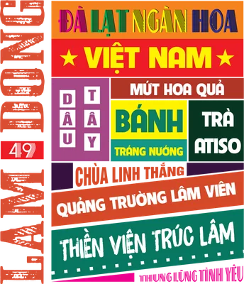Hình ảnh thiết kế typography tổng hợp các địa danh, đặc sản và khẩu hiệu về Đà Lạt, Việt Nam với nhiều màu sắc rực rỡ.