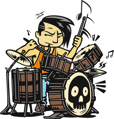 Hình vẽ hoạt hình một người chơi trống rockstar với mái tóc vuốt ngược, đang đánh trống với biểu cảm mạnh mẽ.
