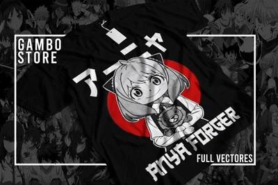 Hình in Anya Forger, nhân vật anime ôm gấu bông, có chữ 'ANYA FORGER' và vòng tròn đỏ.