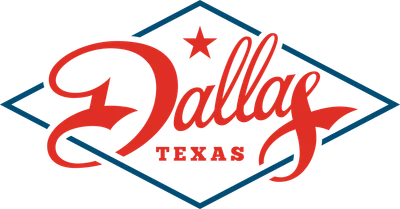 Logo Dallas Texas với chữ viết tay màu đỏ, ngôi sao đỏ và viền kim cương xanh