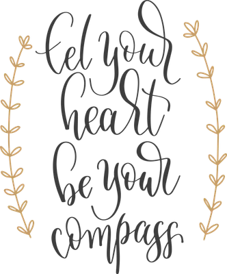 Hình ảnh trích dẫn "Let your heart be your compass" với font chữ thư pháp và viền lá vàng.