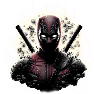 Hình ảnh Deadpool mặc trang phục đỏ đen, đeo kiếm katana, với tia sét và hiệu ứng sọ người phía sau, mắt phát sáng.