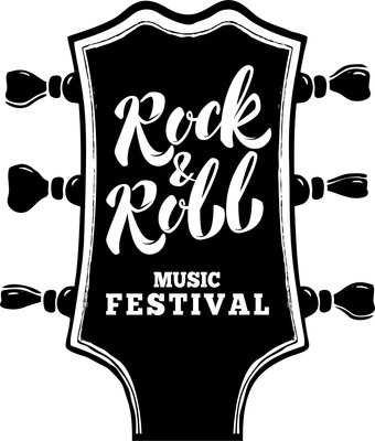 Logo Rock & Roll Music Festival trên đầu đàn guitar, chữ trắng trên nền đen.