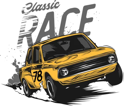 Hình minh họa xe đua cổ điển màu vàng số 78 đang drift tạo khói, với chữ 'Classic RACE' trên nền xám.