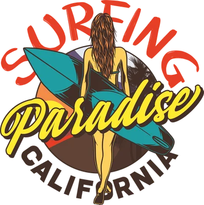 Cô gái cầm ván lướt sóng với chữ Surfing Paradise California phong cách retro