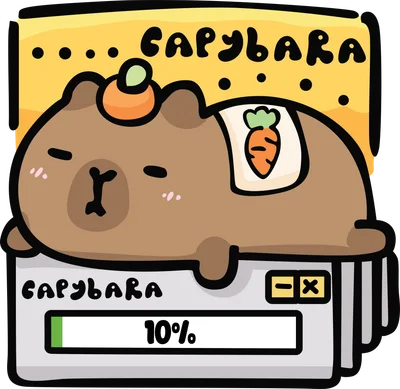 Hình vẽ capybara chibi màu nâu đang ngủ gật, đội mũ cà rốt và có miếng vá cà rốt, hiển thị thanh tải 10% trong cửa sổ máy tính.