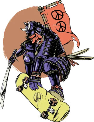 Hình vẽ chiến binh Samurai mặc giáp tím, đội mũ có sừng, đeo mặt nạ đỏ, đang trượt ván màu vàng. Phía sau có cờ đỏ với biểu tượng hòa bình.