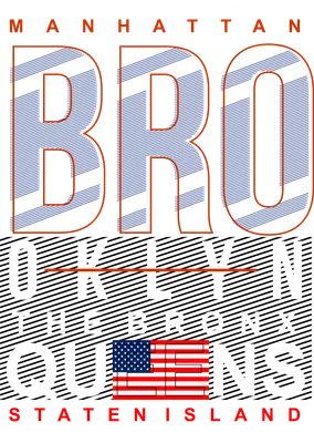 Thiết kế đồ họa chữ BROOKLYN lớn với sọc xanh trắng, liệt kê các quận New York và cờ Mỹ trên nền xám.