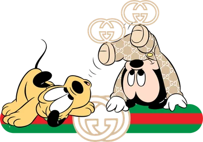 Hình ảnh hoạt hình Mickey và Pluto vui đùa, Mickey mặc trang phục họa tiết Gucci, trên nền xám có logo Gucci và sọc xanh đỏ.