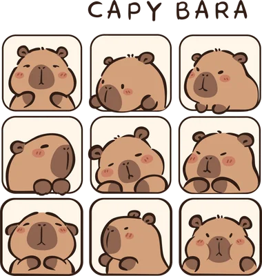 Chín hình ảnh capybara hoạt hình dễ thương với các biểu cảm khác nhau, màu nâu nhạt trên nền xám.