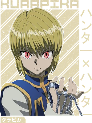 Hình ảnh Kurapika từ anime Hunter x Hunter với mái tóc vàng, mắt đỏ rực, mặc trang phục xanh dương và cầm sợi xích.