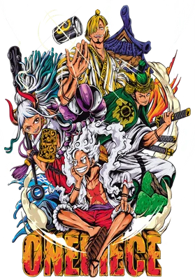 Tranh vẽ nhóm nhân vật One Piece gồm Monkey D. Luffy, Sanji, Zoro, Yamato với trang phục lấy cảm hứng từ Nhật Bản.