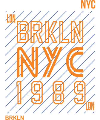 Thiết kế chữ BRKLN NYC 1989 với các đường kẻ chéo màu xanh và khung viền trắng, màu cam nổi bật.