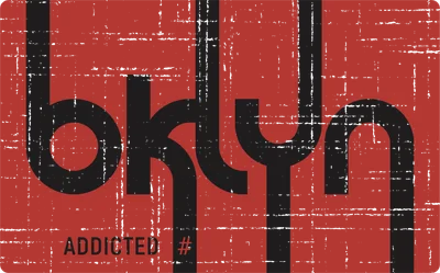 Logo chữ BKLYN với hiệu ứng "Addicted" và hashtag, nền đỏ retro