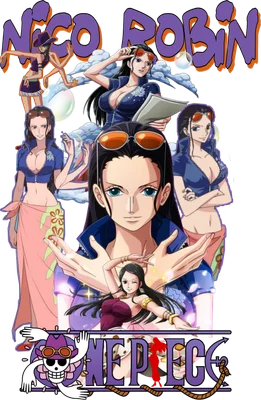 Hình ảnh tổng hợp nhiều tạo hình của nhân vật Nico Robin trong One Piece, bao gồm cả logo One Piece.