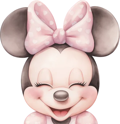 Hình ảnh Minnie Mouse hoạt hình dễ thương, mắt nhắm cười tươi, đeo nơ hồng chấm bi trái tim.