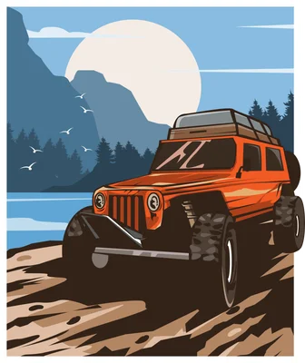 Hình minh họa xe địa hình offroad màu cam cháy, với giá nóc, đang di chuyển trên địa hình đất đá, phía sau là núi, rừng cây, hồ nước và trăng tròn lớn.