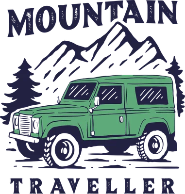 Hình minh họa xe địa hình màu xanh lá cây, núi non và cây thông, với chữ 'MOUNTAIN TRAVELLER'.