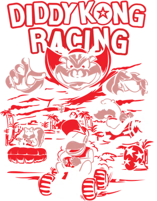 Hình ảnh Diddy Kong Racing với Donkey Kong lái xe kart, nhân vật khác trên đảo nhiệt đới, màu đỏ và trắng nổi bật.