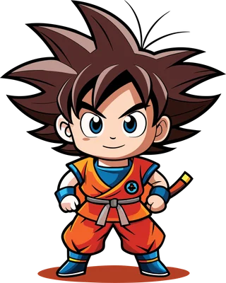 Hình vẽ chibi nhân vật Goku trong trang phục võ thuật màu cam, tóc nâu nhọn, mắt xanh, biểu cảm vui vẻ.