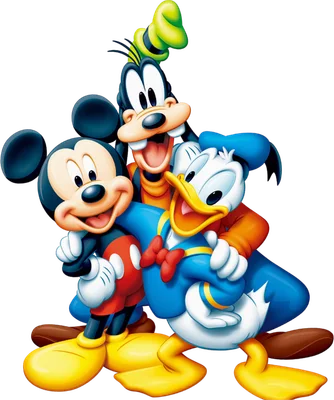 Hình ảnh hoạt hình Mickey Mouse, Goofy và Donald Duck đứng cạnh nhau, mỉm cười thân thiện trên nền xám.