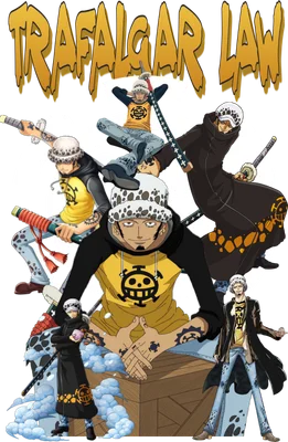 Hình ảnh Trafalgar Law từ One Piece với nhiều tạo hình khác nhau, bao gồm cả cận cảnh và toàn thân.