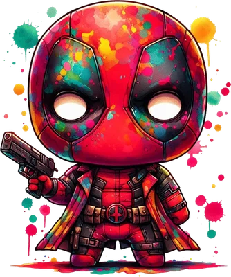 Hình ảnh Deadpool chibi với hiệu ứng màu nước sặc sỡ, cầm súng, trên nền xám.