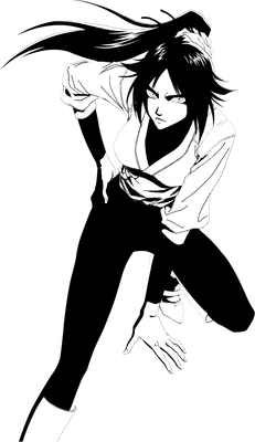 Hình ảnh minh họa phong cách anime một nữ chiến binh với mái tóc đen dài, trang phục trắng đen, đang trong tư thế sẵn sàng chiến đấu.