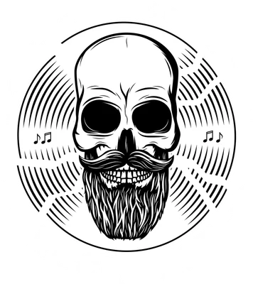 Hình minh họa đầu lâu râu ria phong cách rock music với chữ Live Music Show và Rock Fest, nền đĩa than.