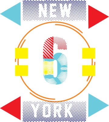 Hình in typography New York với số 6 cách điệu, các hình khối tam giác, chữ nhật và vòng tròn màu sắc trên nền xám.