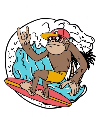 Hình minh họa chú khỉ đeo kính râm đang lướt sóng với dòng chữ Cool Surfer Camp