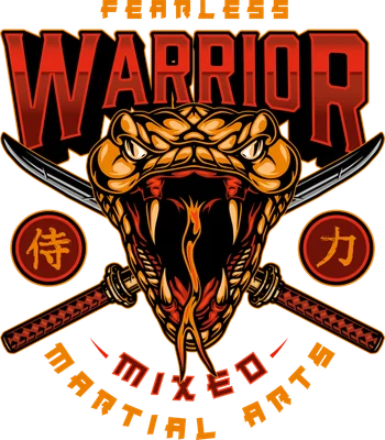 Hình minh họa đầu rắn hổ mang hung dữ với răng nanh sắc nhọn, hai thanh katana bắt chéo và chữ 'Fearless Warrior Mixed Martial Arts'.
