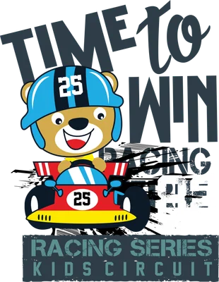 Hình in gấu nhỏ đội mũ bảo hiểm lái xe đua với dòng chữ Time To Win